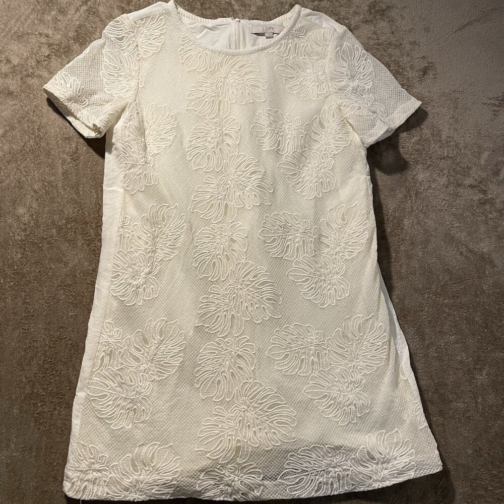 LOFT Dress Womens Large Linen Cream Ivory Lace Overlay Palm Leaf Beachy Knee